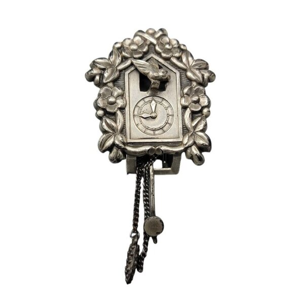 Coro Pegasus Fur Clip Articulated Cuckoo Clock 1930s Signed SIlver Tone - Picture 1 of 16
